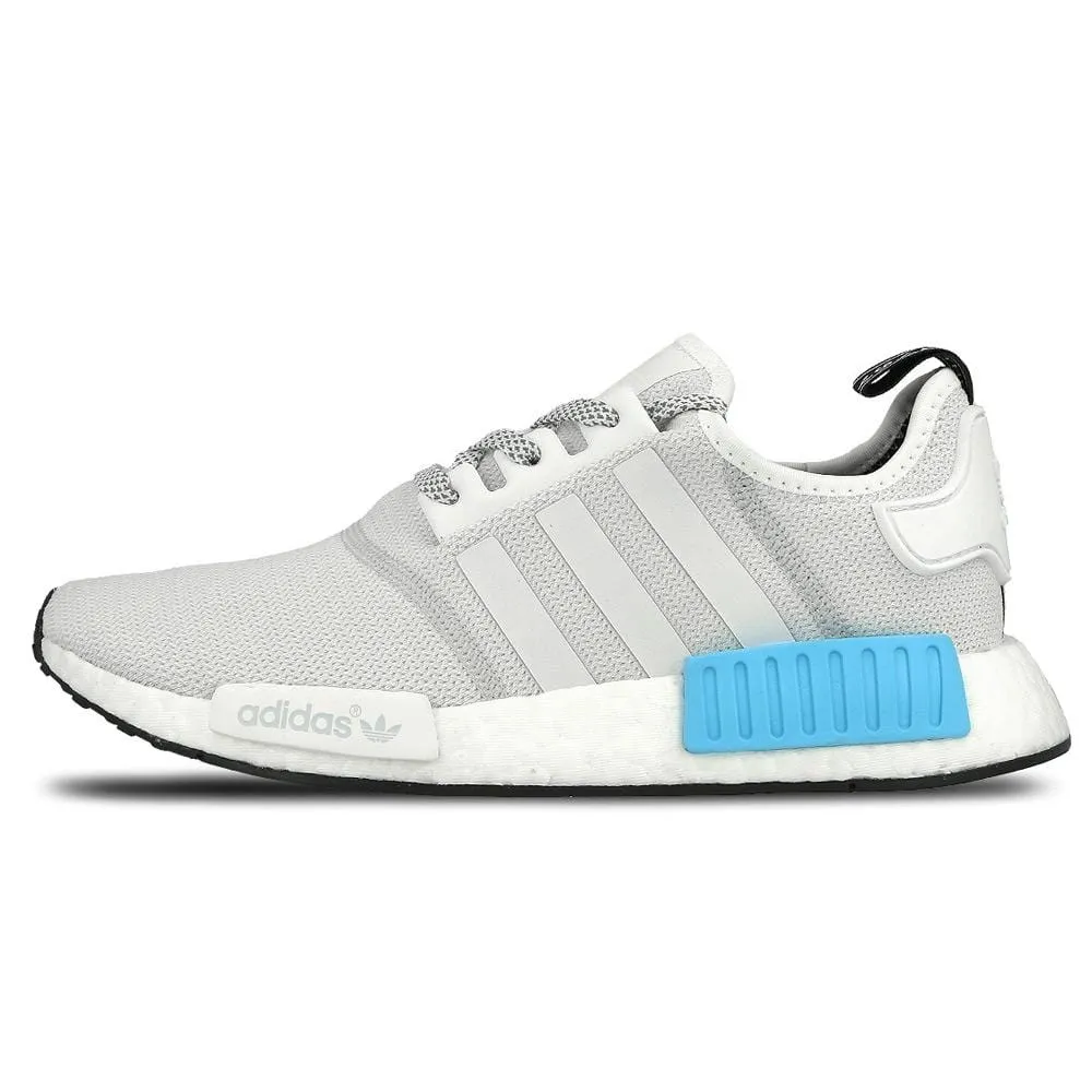 Adidas NMD R1 Reflective White Bright Cyan sneakers.