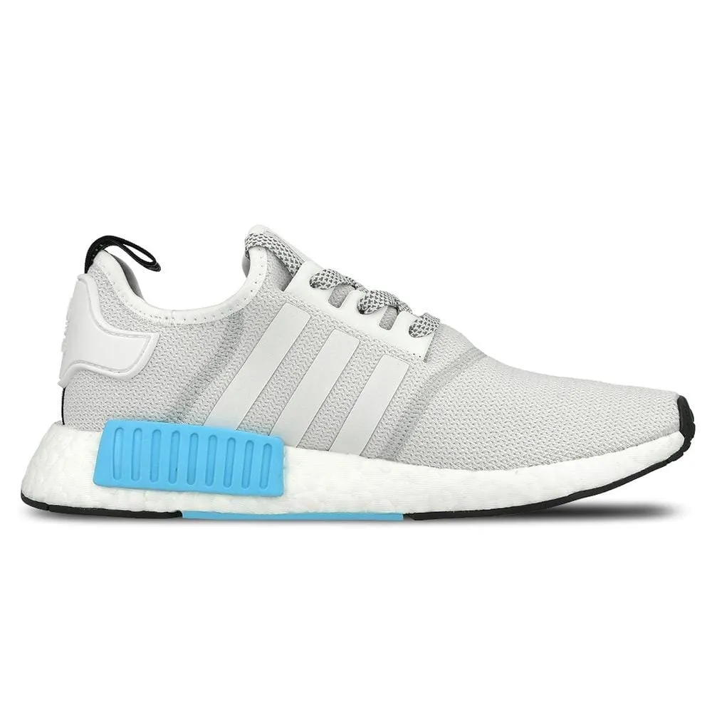 Adidas NMD R1 Reflective White Bright Cyan sneakers.