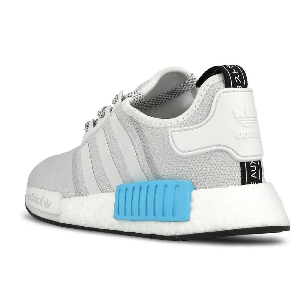 Adidas NMD R1 Reflective White Bright Cyan sneakers.