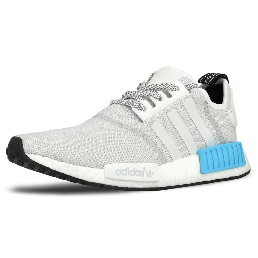 Adidas NMD R1 Reflective White Bright Cyan sneakers.