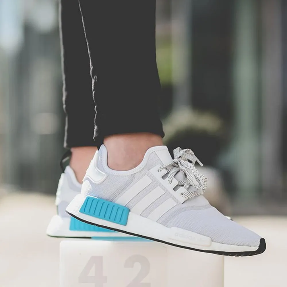 Adidas NMD R1 Reflective White Bright Cyan sneakers.