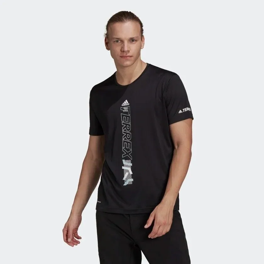 adidas Terrex Agravic Trail Running T-Shirt for Men in Sustainable Black, Lime, and White.