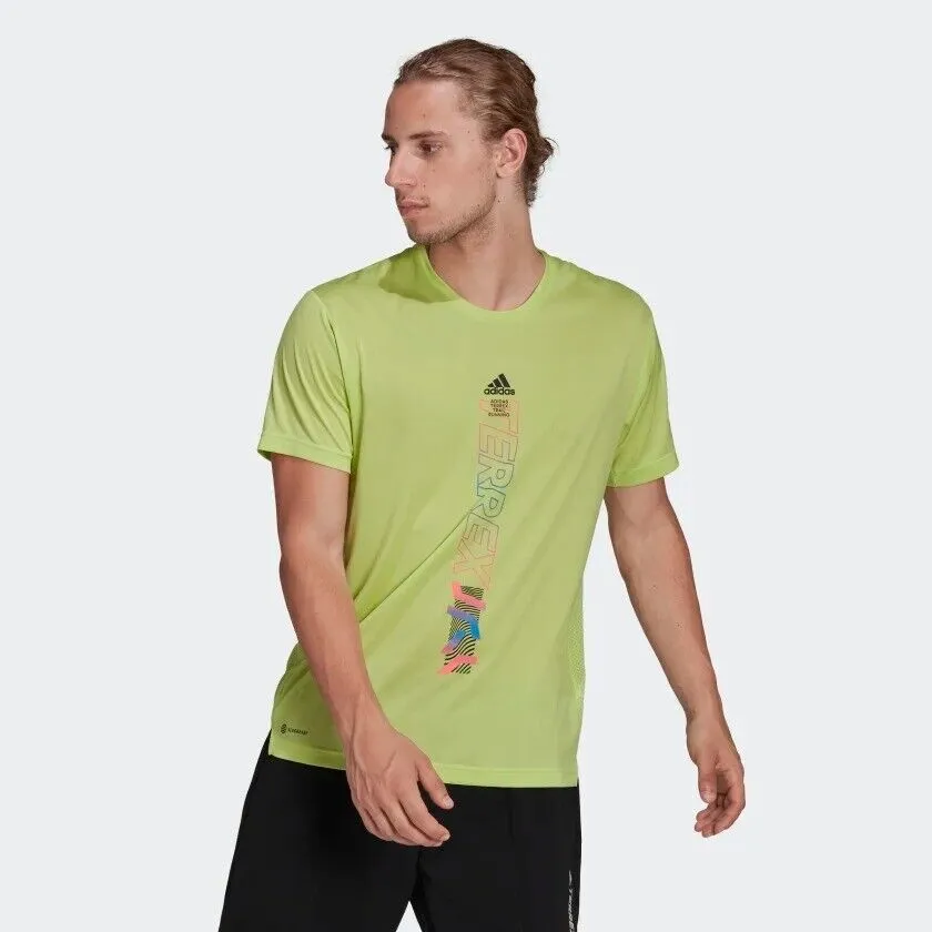 adidas Terrex Agravic Trail Running T-Shirt for Men in Sustainable Black, Lime, and White.