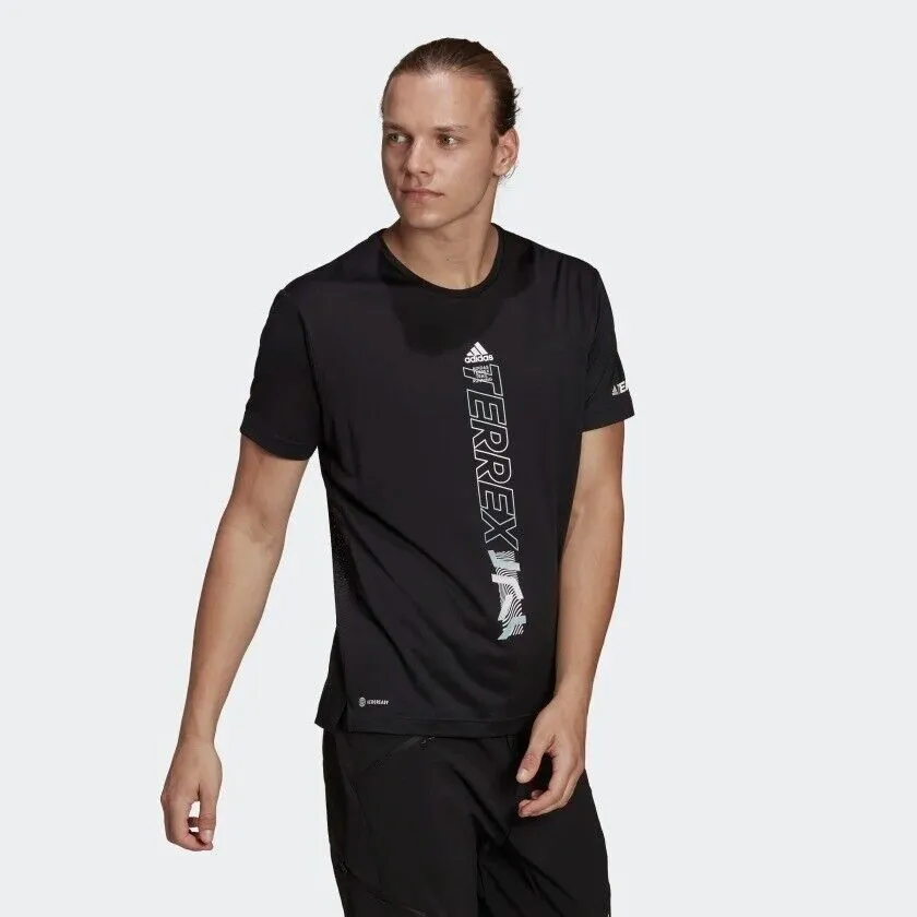 adidas Terrex Agravic Trail Running T-Shirt for Men in Sustainable Black, Lime, and White.