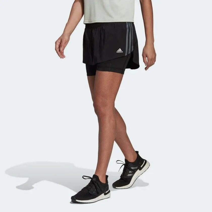 adidas Women's Running Skort & Compression Shorts - Gym Black | Run Icons 3-Stripes