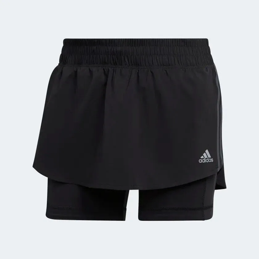 adidas Women's Running Skort & Compression Shorts - Gym Black | Run Icons 3-Stripes