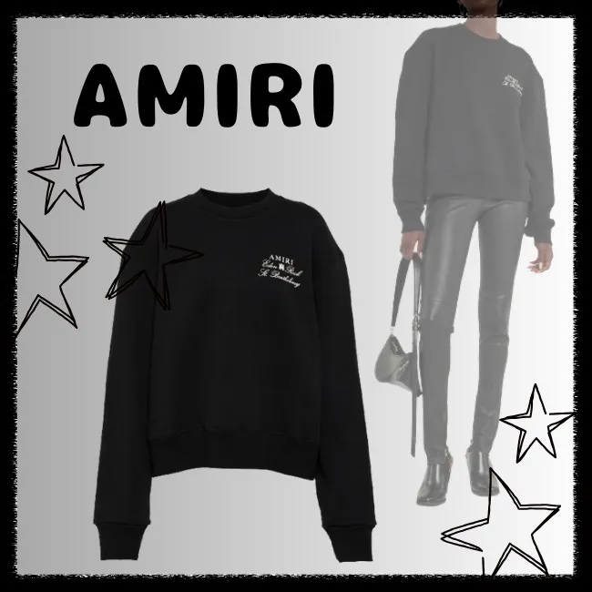 Amiri Crew Neck Long Sleeves Plain Cotton Logo - Unisex Street Style.