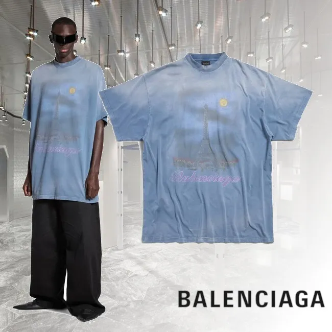 Balenciaga Paris Moon T-Shirt, Oversized, Blue | Best Price, Free Shipping