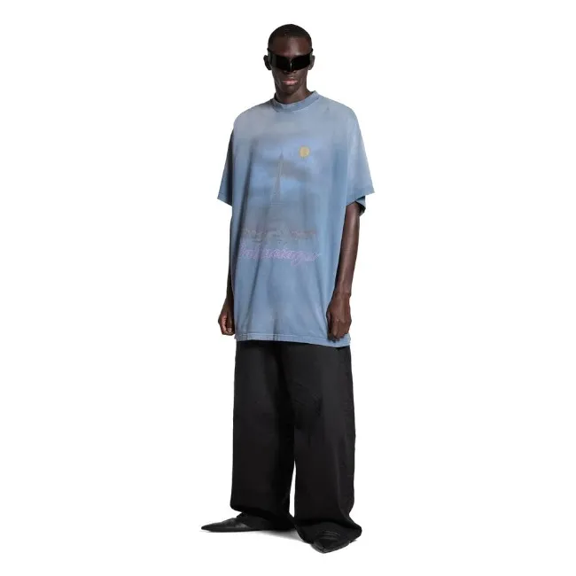 Balenciaga Paris Moon T-Shirt, Oversized, Blue | Best Price, Free Shipping