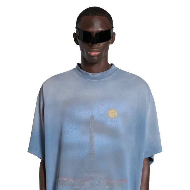 Balenciaga Paris Moon T-Shirt, Oversized, Blue | Best Price, Free Shipping