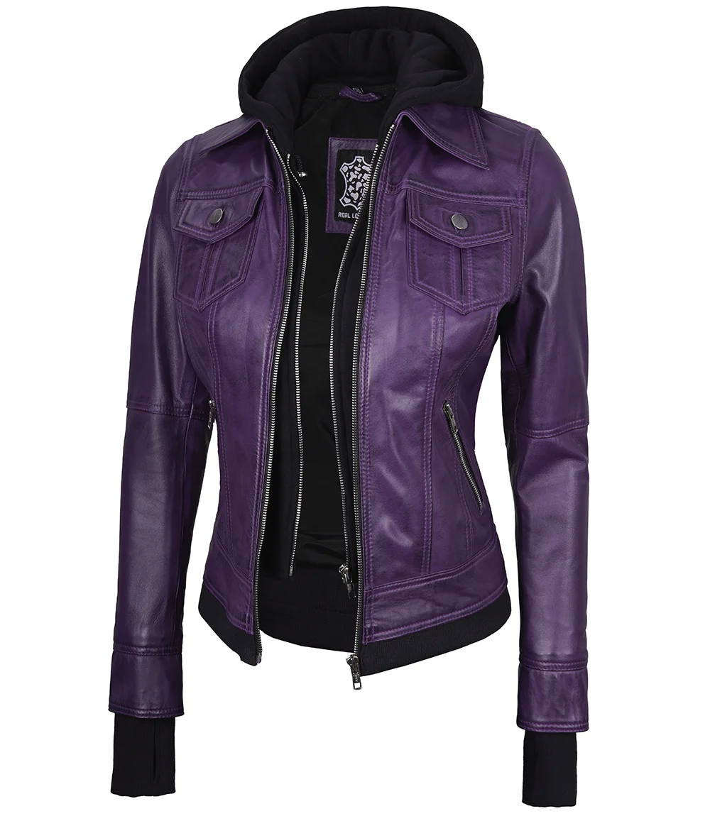 Betty Women's Purple Leather Jacket with Removable Hood