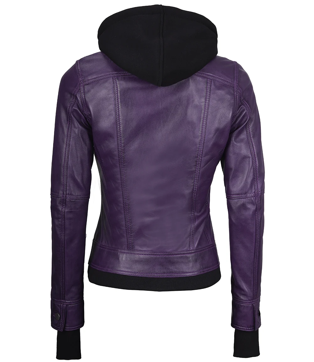 Betty Women's Purple Leather Jacket with Removable Hood