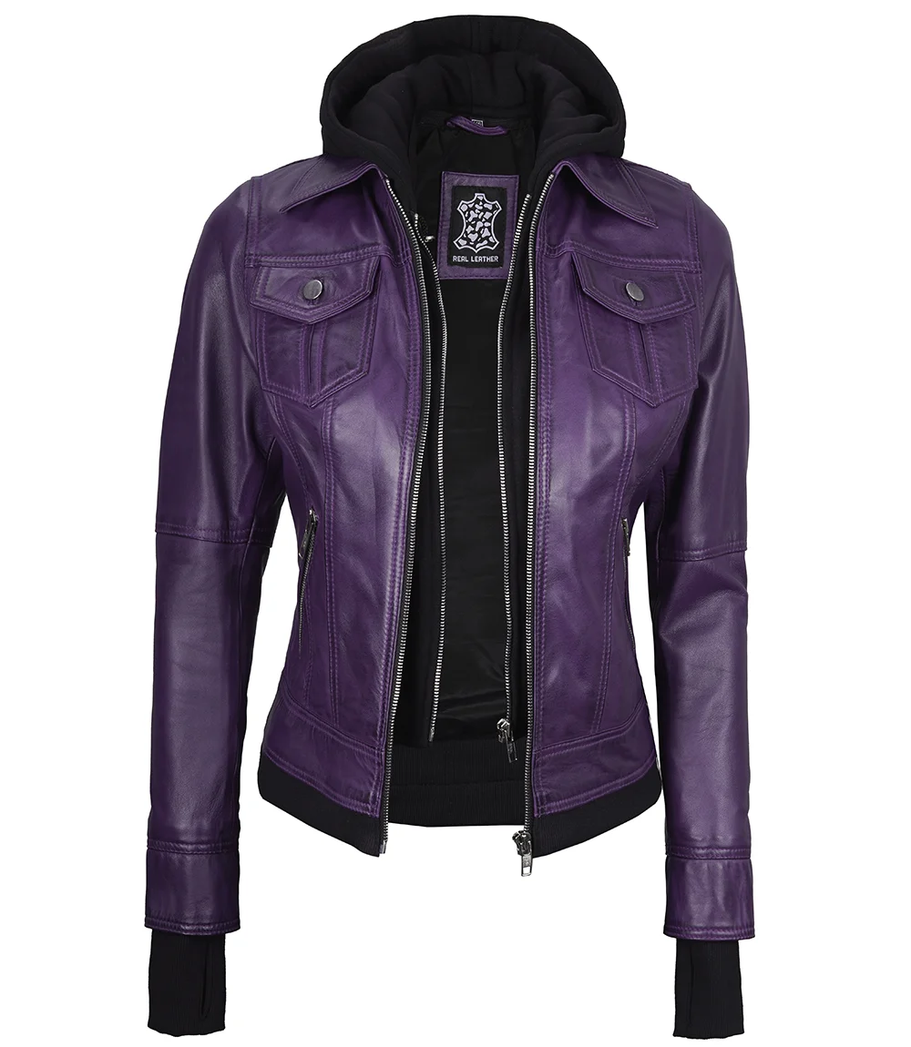 Betty Women's Purple Leather Jacket with Removable Hood