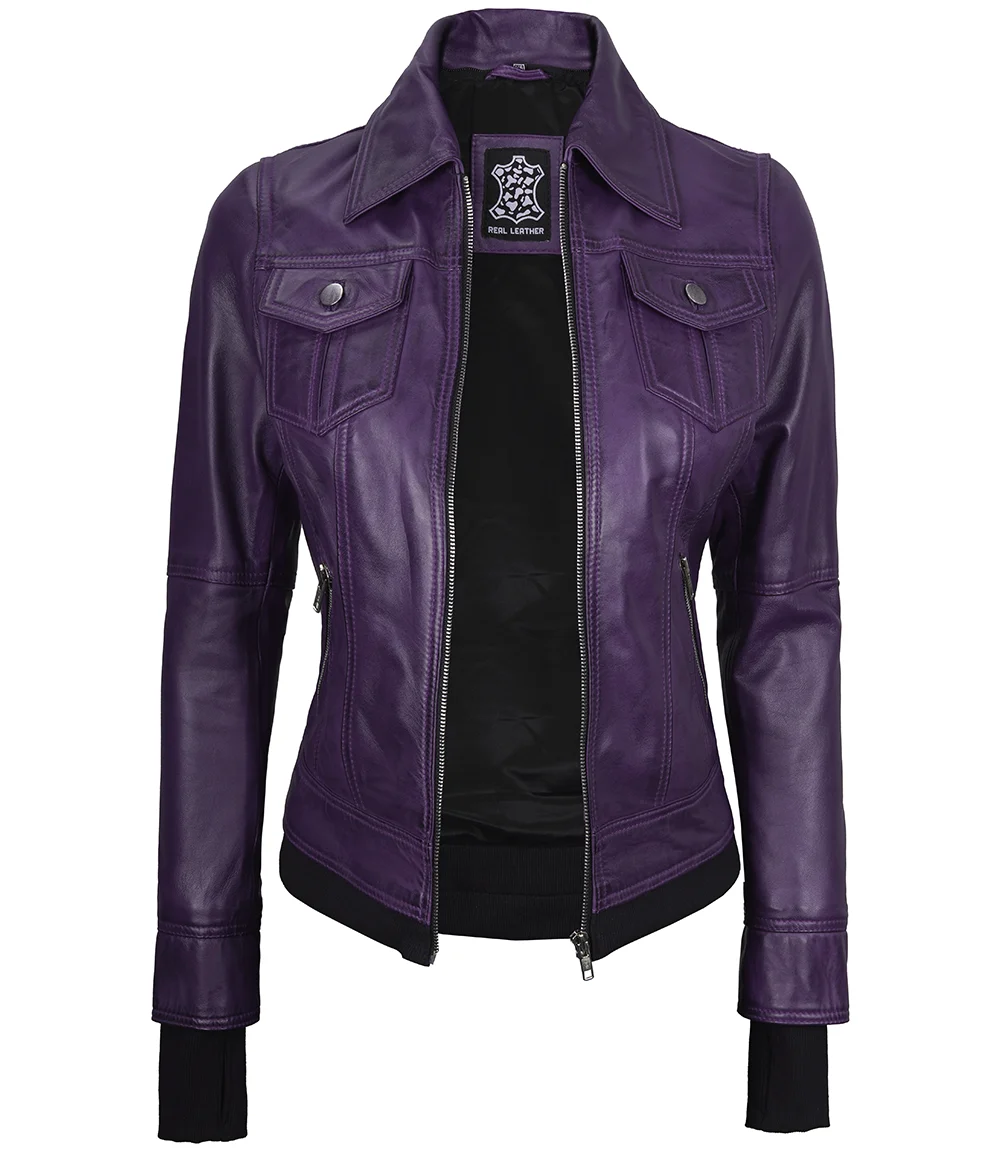 Betty Women's Purple Leather Jacket with Removable Hood