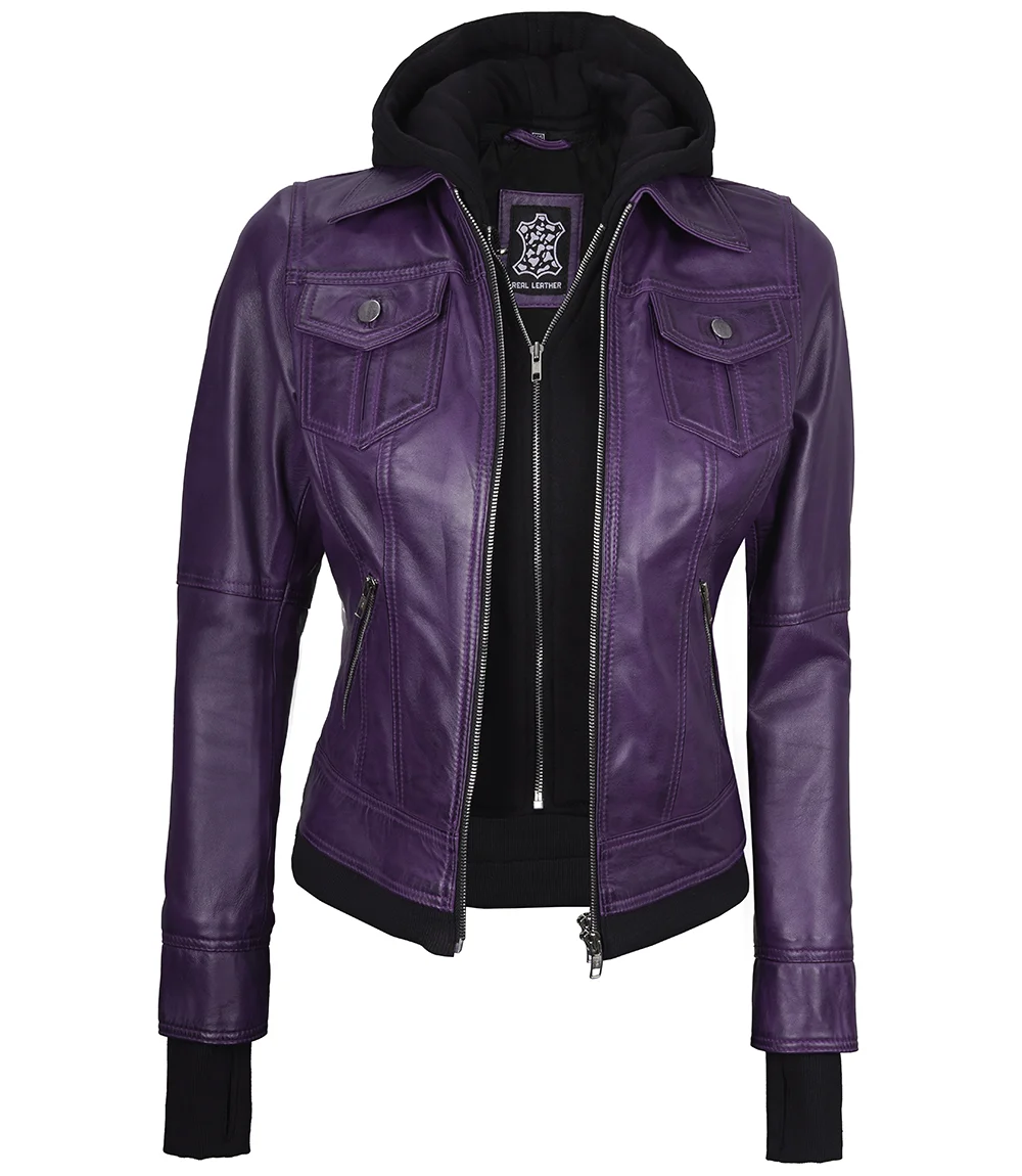 Betty Women's Purple Leather Jacket with Removable Hood