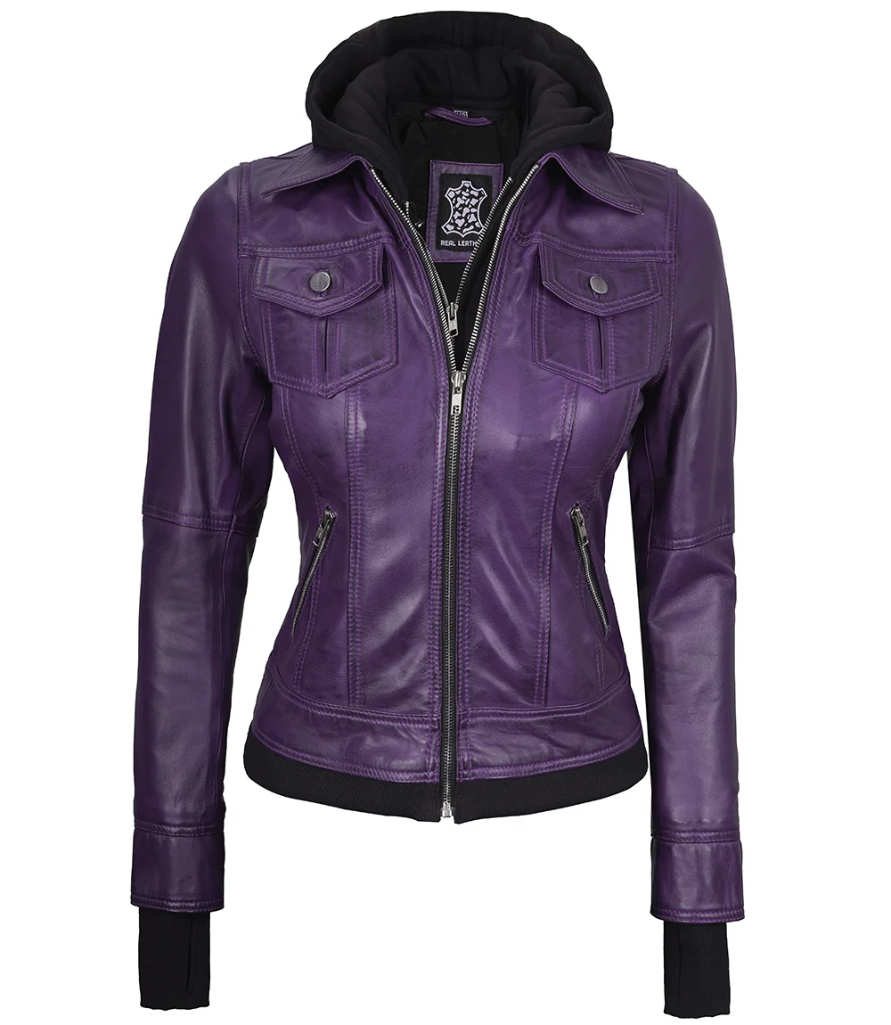 Betty Women's Purple Leather Jacket with Removable Hood