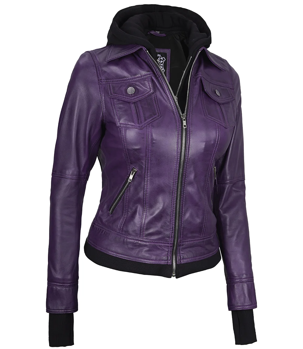 Betty Women's Purple Leather Jacket with Removable Hood