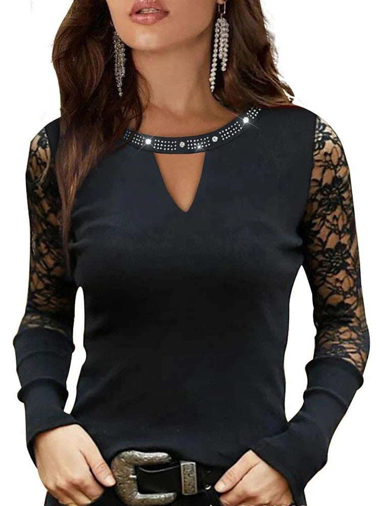 Black Lace Patchwork Rhinestone Shirt for Women