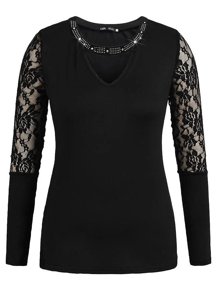 Black Lace Patchwork Rhinestone Shirt for Women