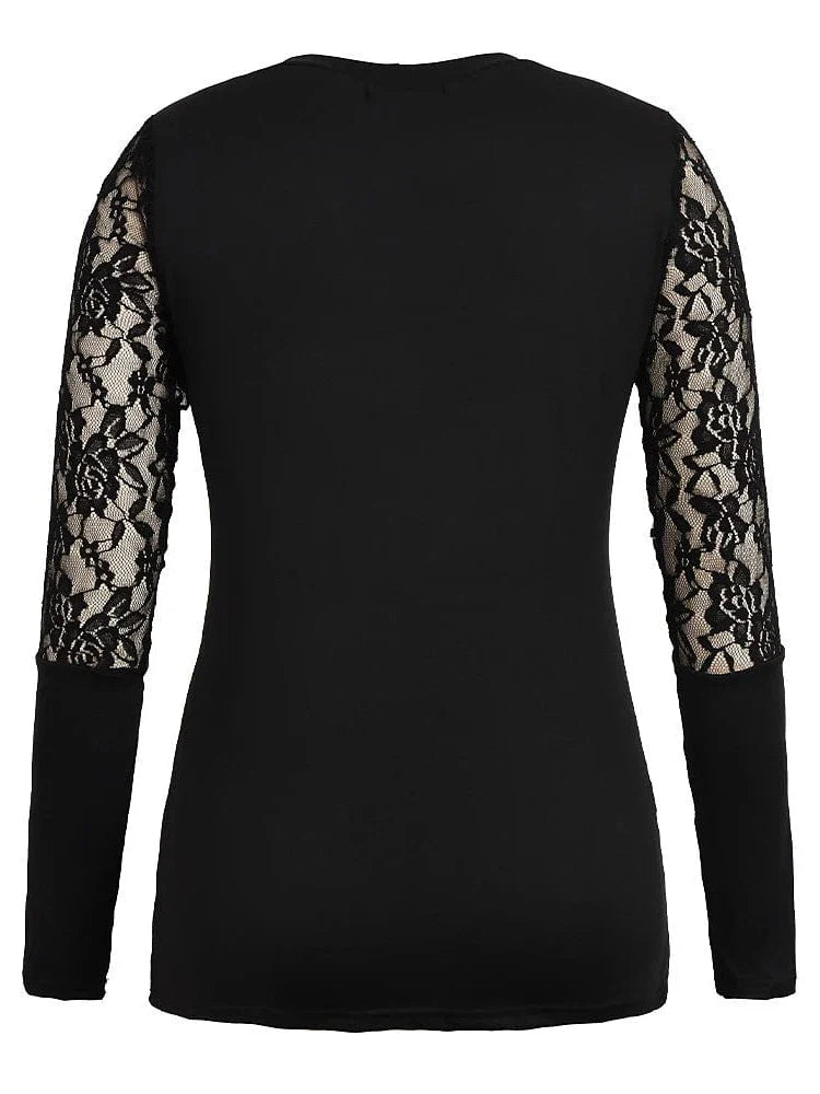 Black Lace Patchwork Rhinestone Shirt for Women