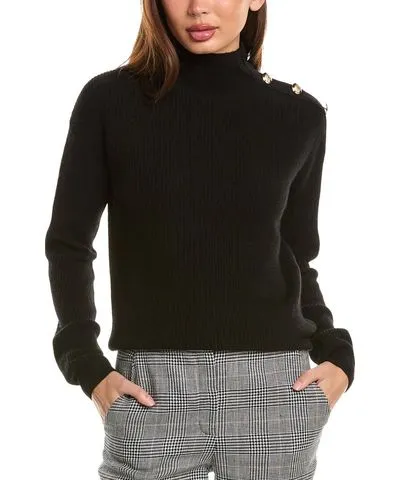 Bruno Magli Rib Button Shoulder Mock Nek Cashmere Sweater