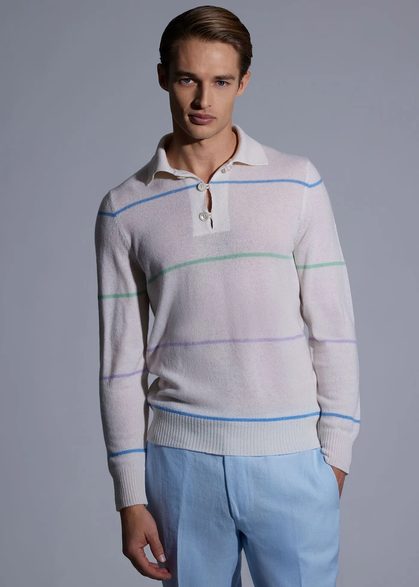 Cashmere Stripe Polo Sweater