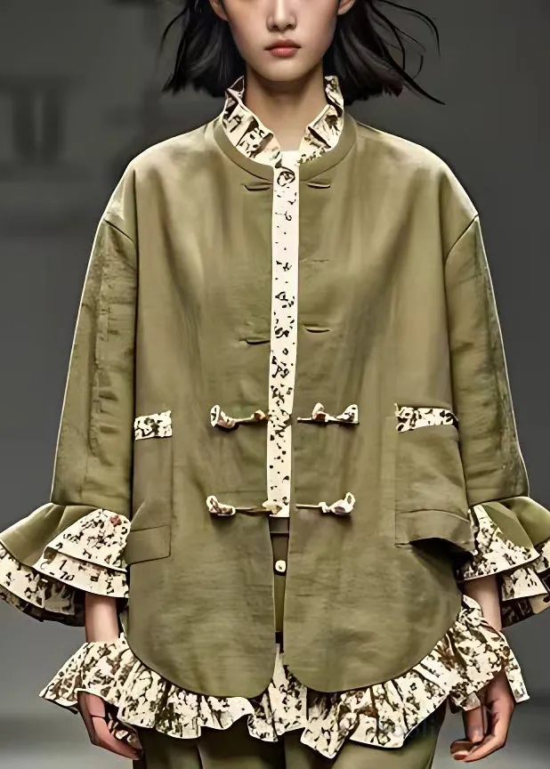 Chic Green Ruffled Button Cotton Coats Butterfly Sleeve