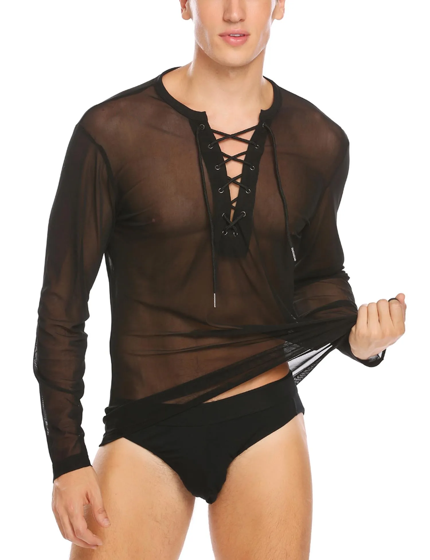 Coofandy Men's Black Mesh Long Sleeve T-Shirt - Sexy Lace-Up See-Through Undershirt, Size Medium.