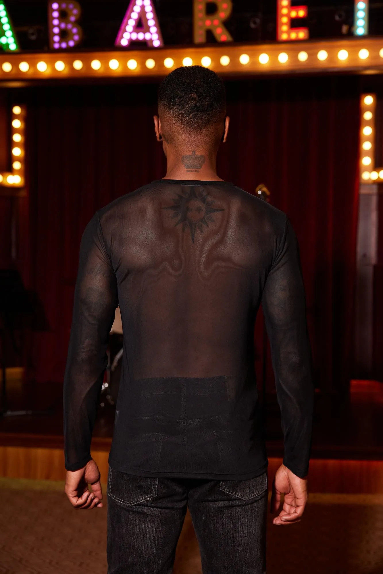 Coofandy Men's Black Mesh Long Sleeve T-Shirt - Sexy Lace-Up See-Through Undershirt, Size Medium.