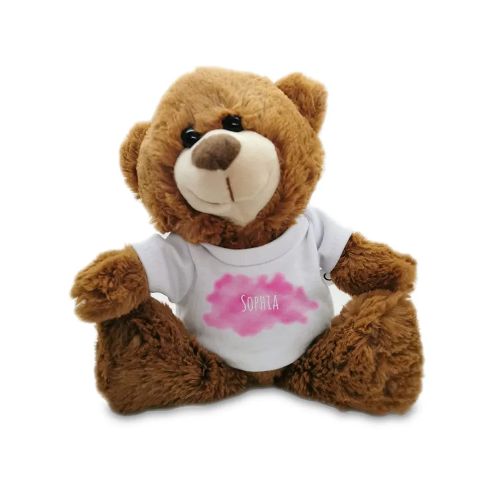 Dark Brown Teddy Bear Toy with Customizable Name and Cloud Design T-shirt.