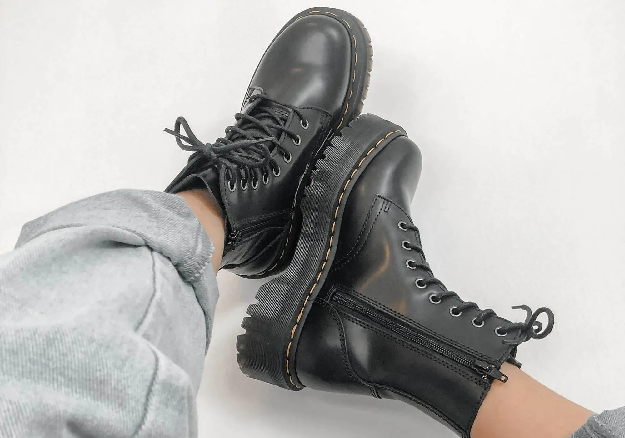 Dr Martens Jadon Black Polished Womens Fashion Lace Up Boots