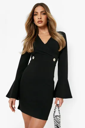 Flare Sleeve Double Button Blazer Dress