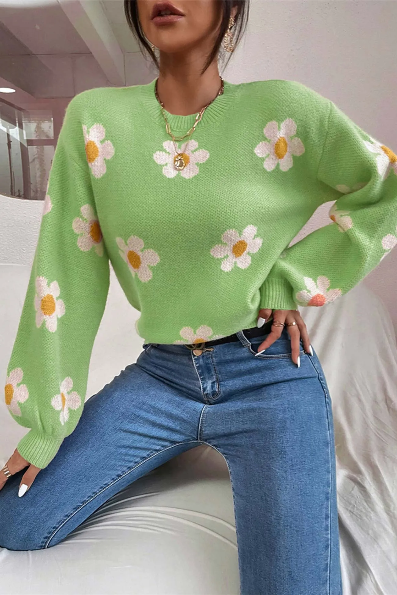 Floral Embroidery Crew Neck Sweater