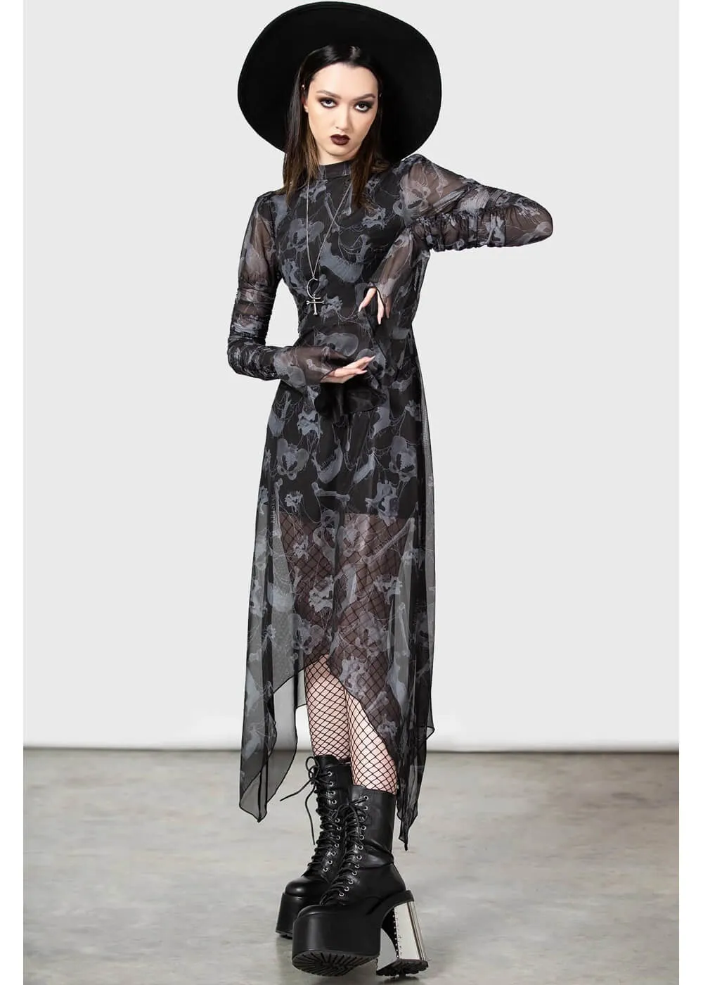 Glisten Bones Long Sleeve Maxi Dress in Black by Killstar