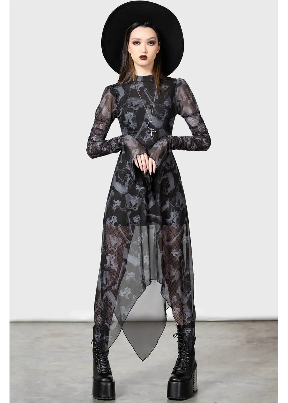 Glisten Bones Long Sleeve Maxi Dress in Black by Killstar