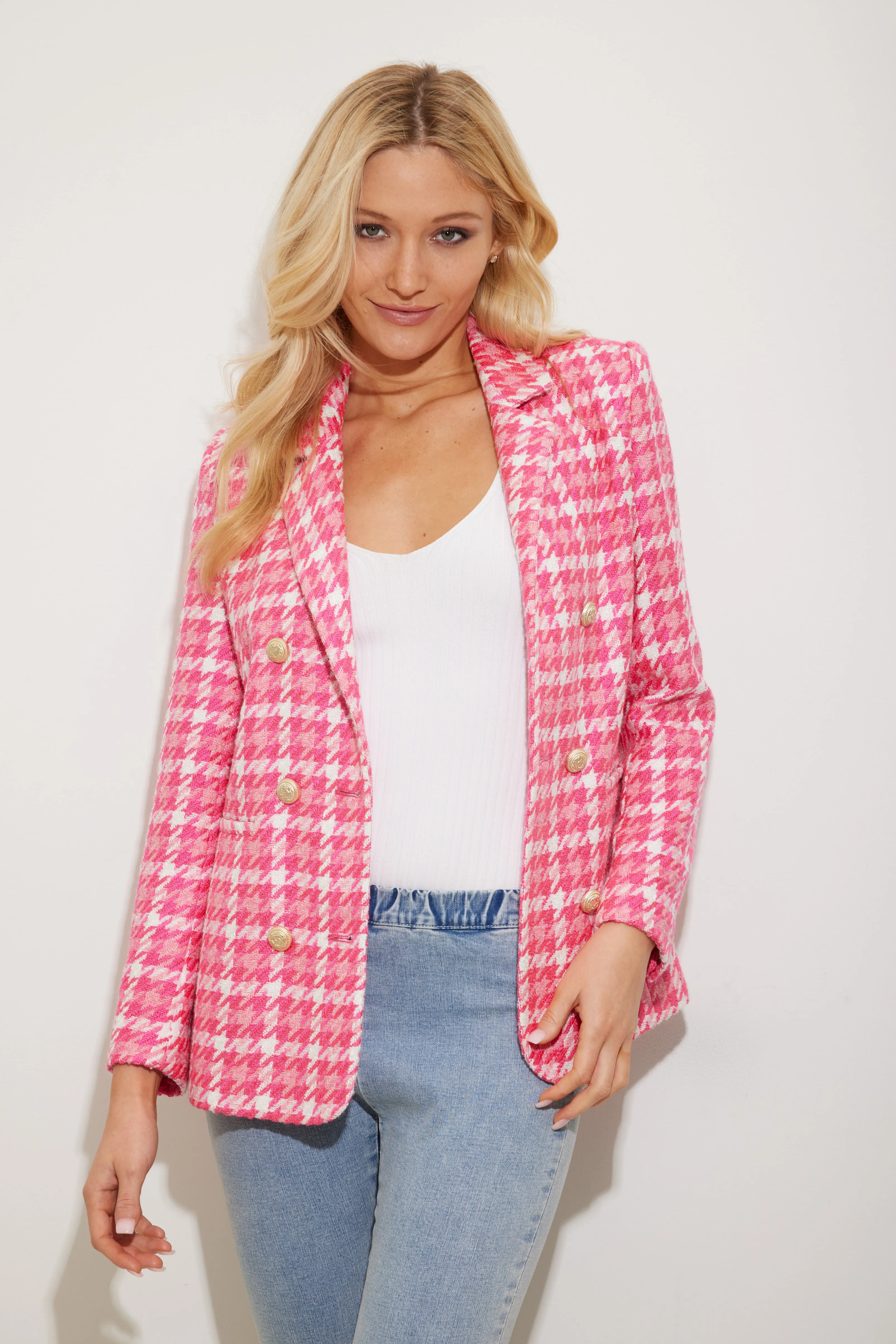 Hot Pink Houndstooth Abby Tweed Blazer - Shop Generation Love