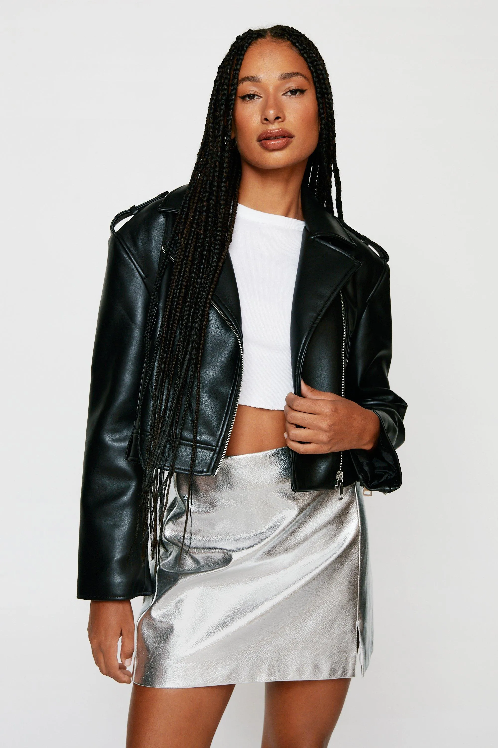 Jackets & Coats | Faux Leather Cropped Biker Jacket | NastyGal