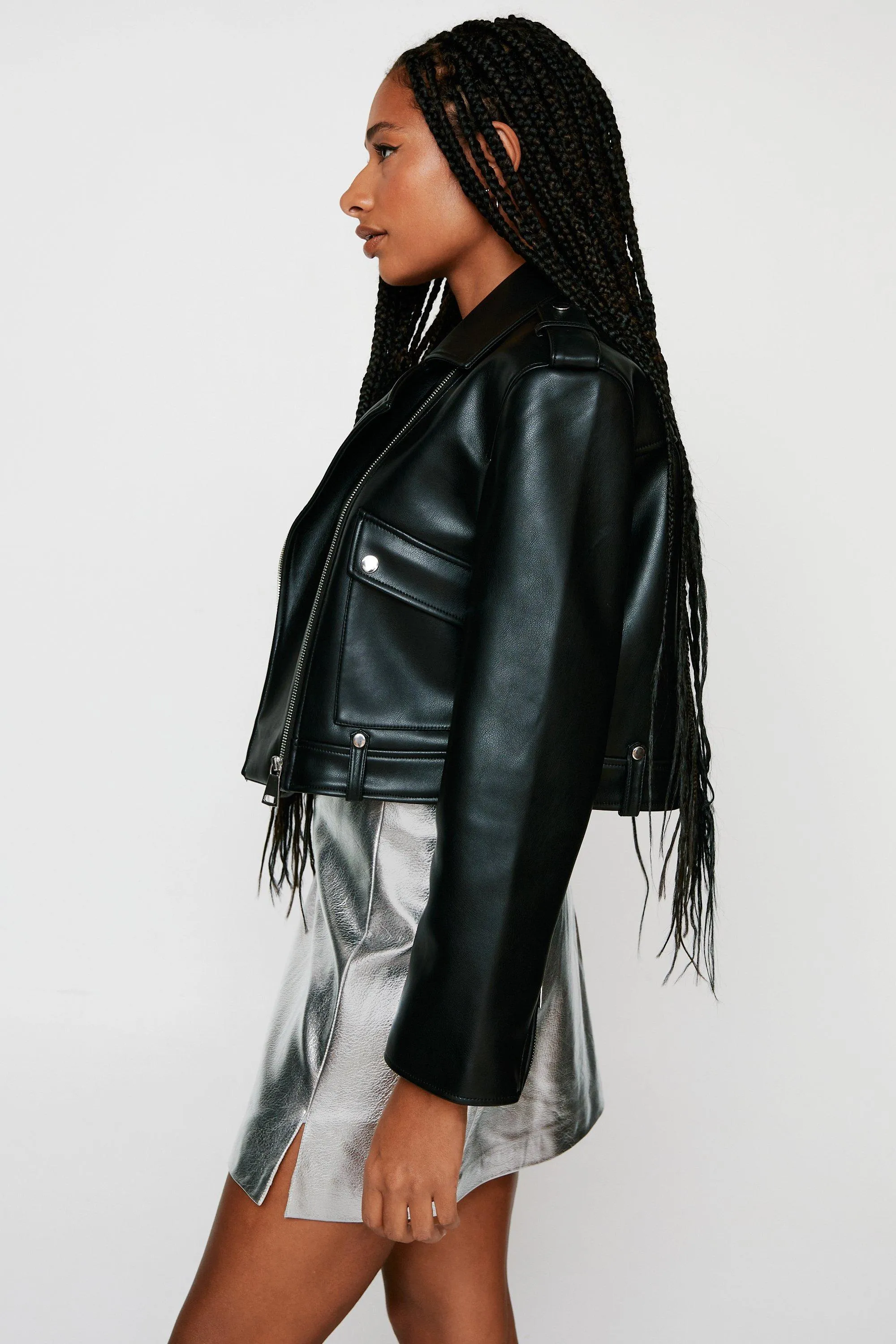 Jackets & Coats | Faux Leather Cropped Biker Jacket | NastyGal