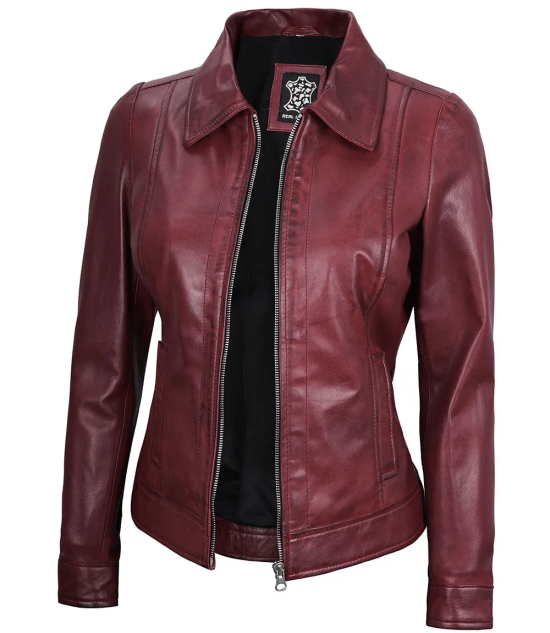 Jose Women's Harrington Leather Jacket Maroon