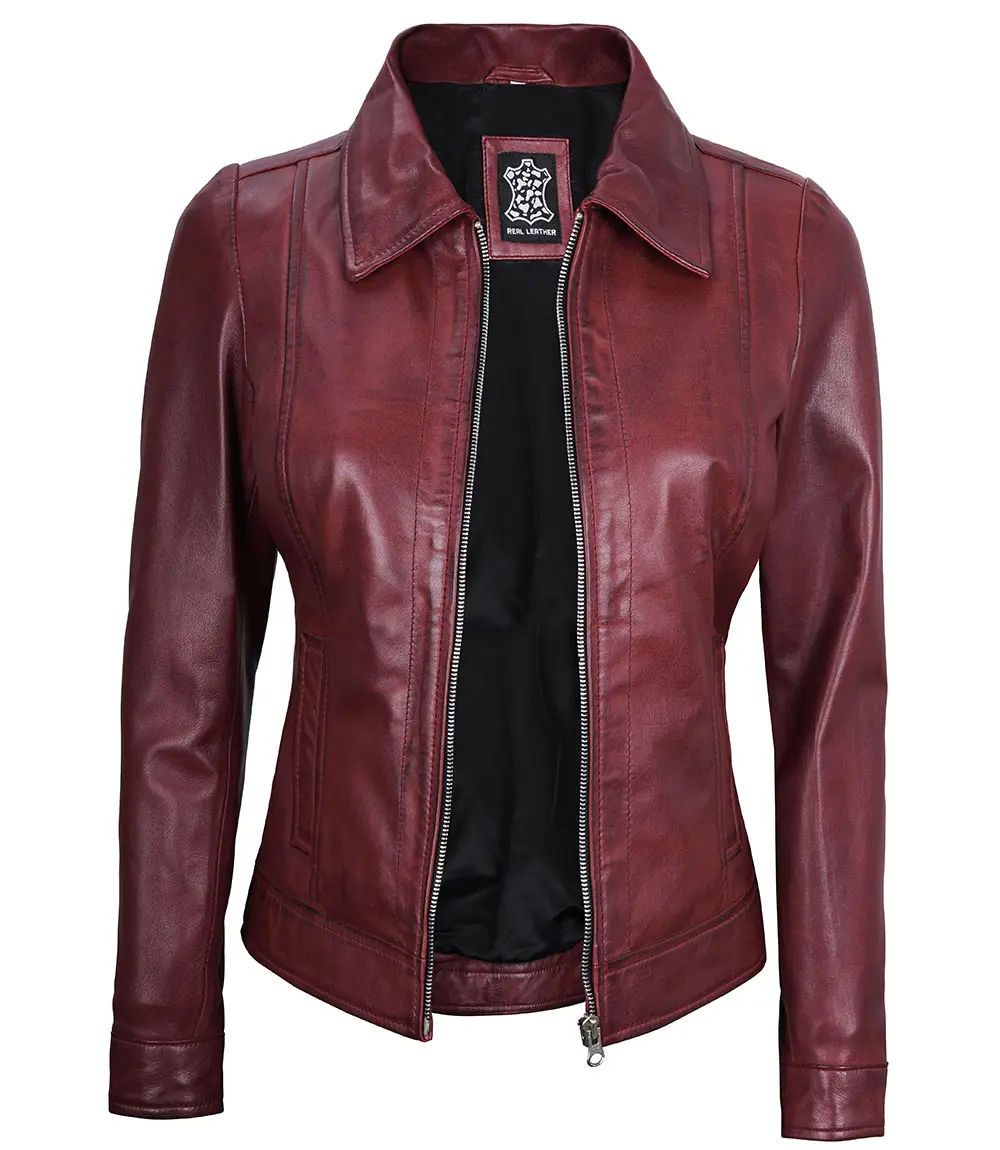 Jose Women's Harrington Leather Jacket Maroon