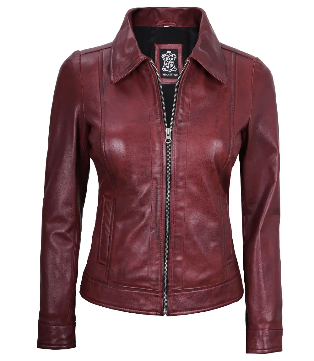 Jose Women's Harrington Leather Jacket Maroon