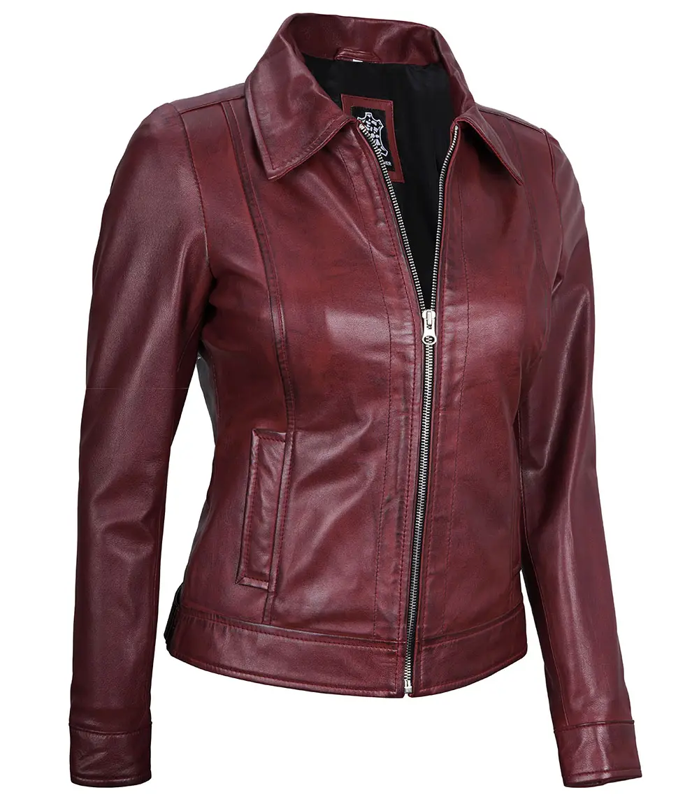 Jose Women's Harrington Leather Jacket Maroon