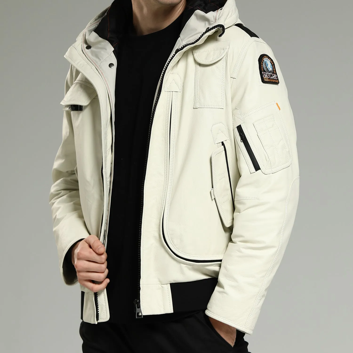 Leather Down - Men's White Hooded Cowhide Down Jacket