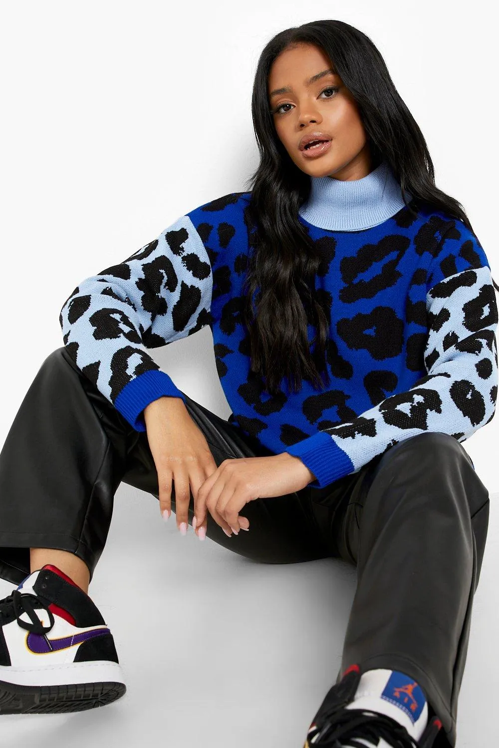 Leopard Print Color Block Turtleneck Sweater