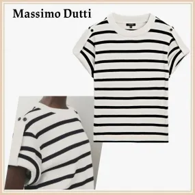 Massimo Dutti | Crew Neck Striped Cotton Short Sleeve Hoodies & Sweatshirts