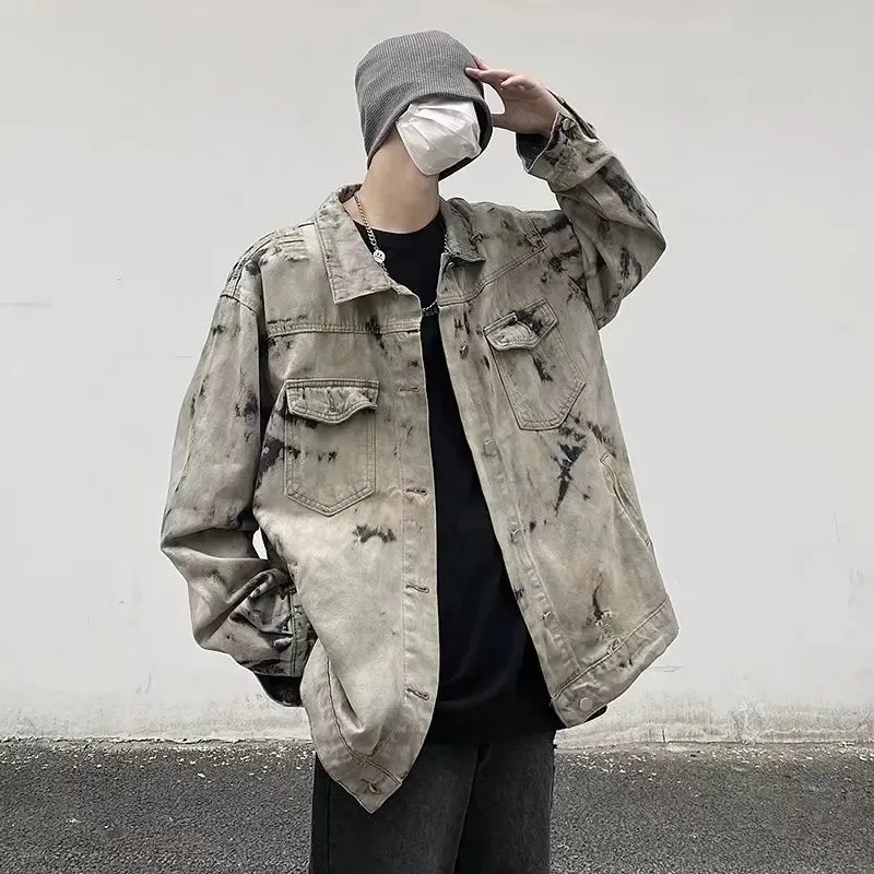 Men Gray Tie-dye Denim Jackets Coats Loose Vintage Jeans Jackets New Autumn Hip Hop Denim Coats Outwear Casual Jeans Coats