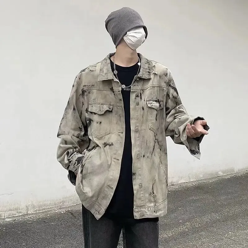 Men Gray Tie-dye Denim Jackets Coats Loose Vintage Jeans Jackets New Autumn Hip Hop Denim Coats Outwear Casual Jeans Coats