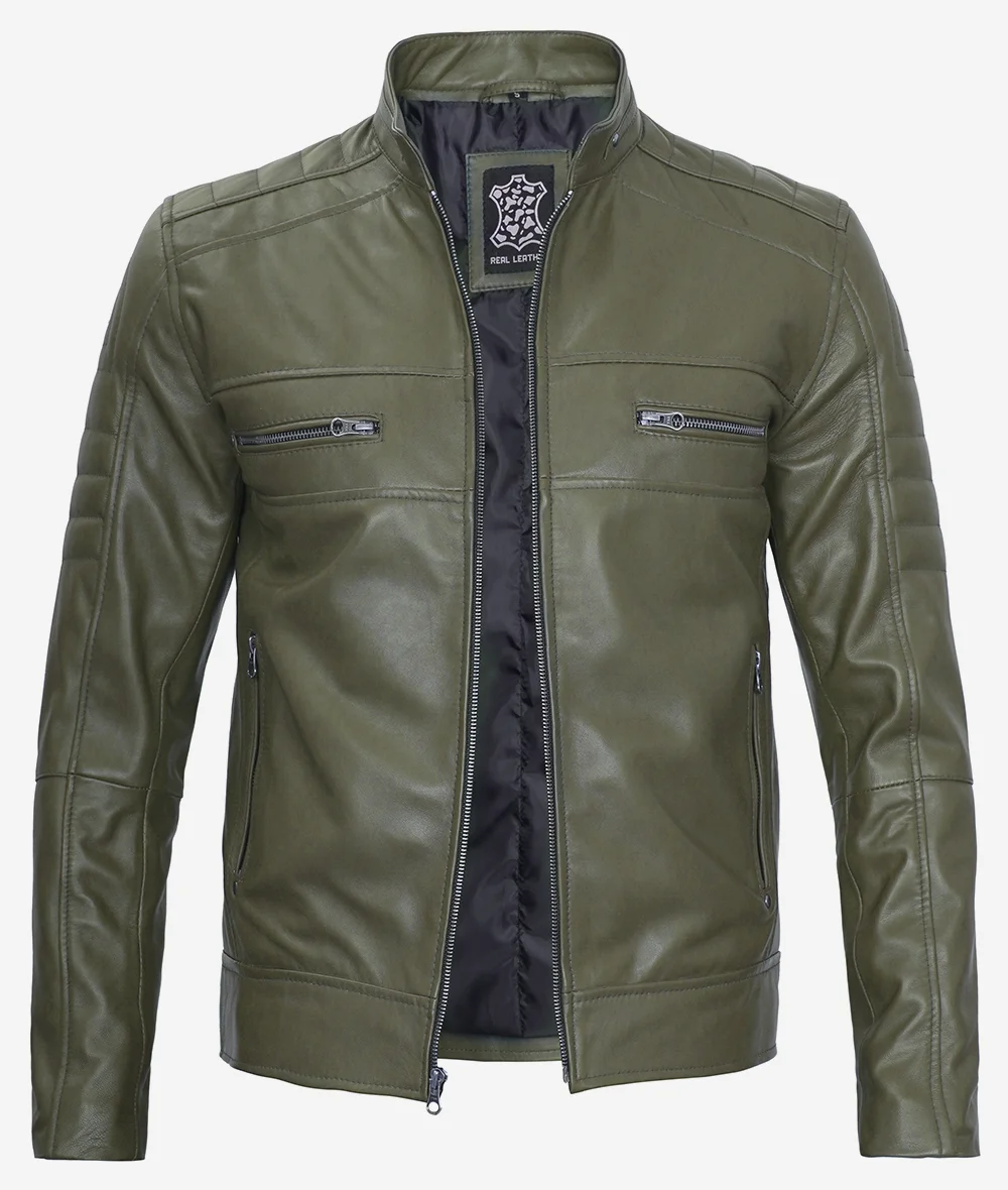 Mens Military Green Cafe Racer Leather Jacket