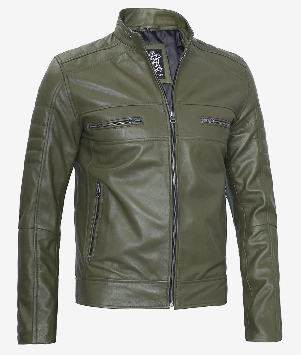 Mens Military Green Cafe Racer Leather Jacket