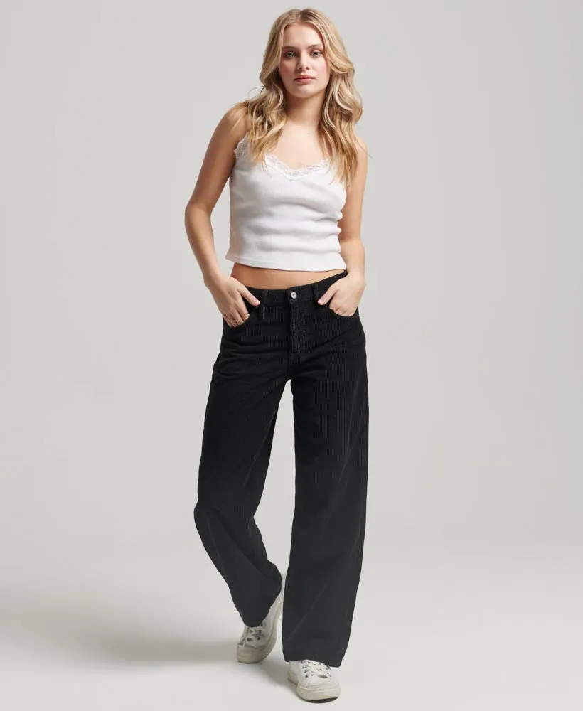 Mid Rise Wide Leg Cord Pants - Black